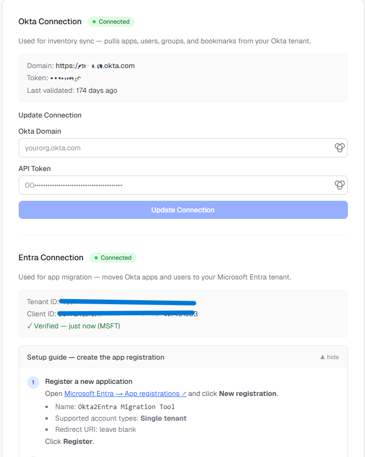 Okta and Entra connection settings, both showing Connected