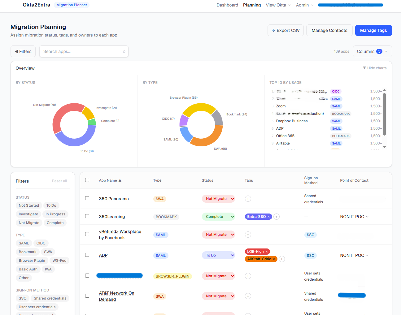 Migration planning table with status, tags, sign-on method, and point of contact columns