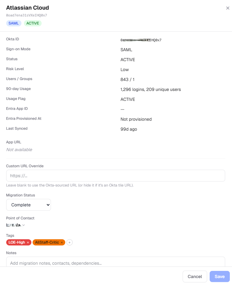 App detail panel showing usage stats, migration status dropdown, point of contact, and tags