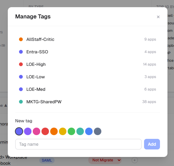 Manage Tags modal with colour-coded tags and app counts